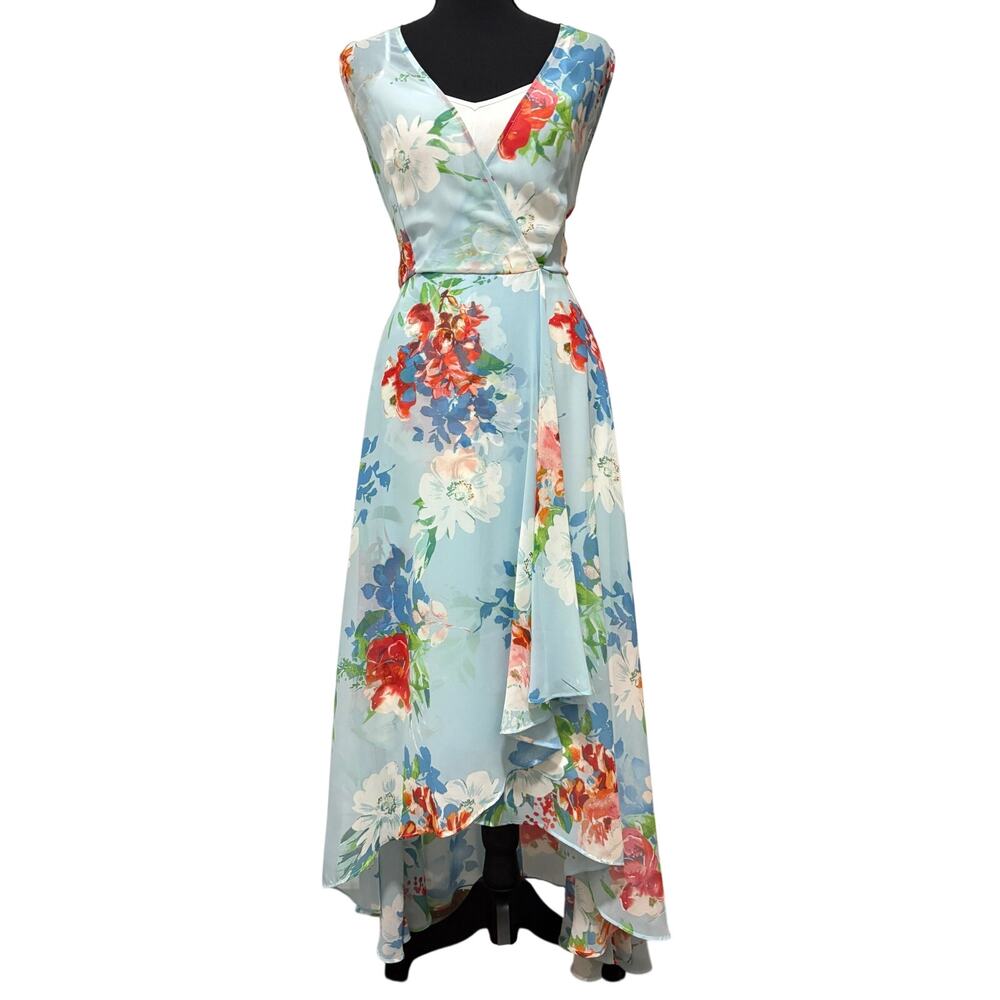 Calvin Klein Floral Maxi Dress Size 6 Blue High Low Faux Wrap Sleeveless